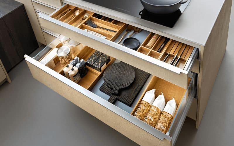 Lower cabinet drawers with creative organization inserts